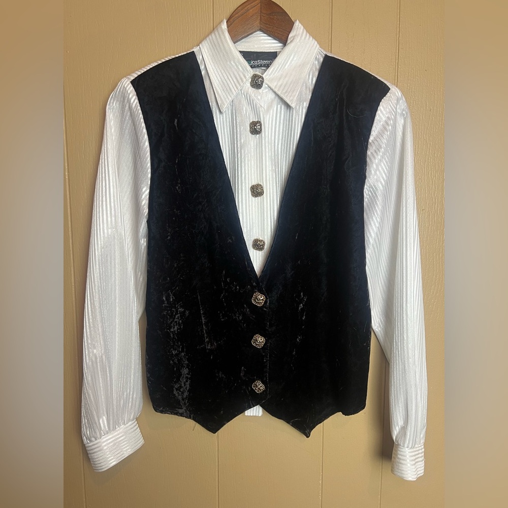 80s Jessica Steven’s Elegant Black Velvet Women's Vest with Built in Blouse